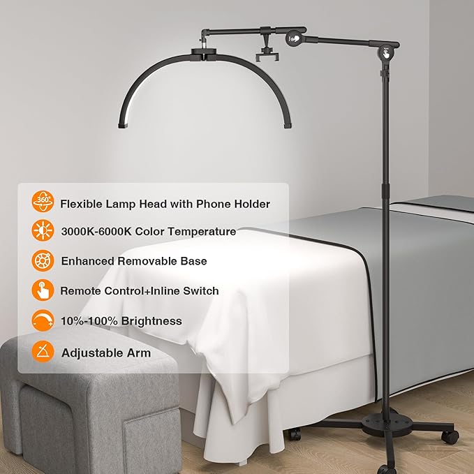 CHICLUX Lash Lights for Eyelash Tech, Foldable Floor Lash Lamp for Eyelash Extensions, Dimmable LED Half Moon Lash Light with Phone Holder and Wheeled Base, Esthetician Light for Eyelash, Tattoo