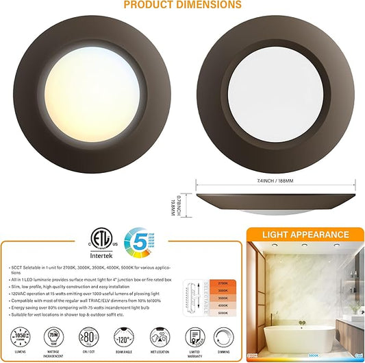 8 Packs 6 Inch LED Low Profile Screw in & Surface Mount Disk Light, Oil Rubbed Bronze, 5CCT Field Selectable, Round, 15W, 1000 Lumens, CRI80, Driverless, Dimmable, ETL & Wet Listed