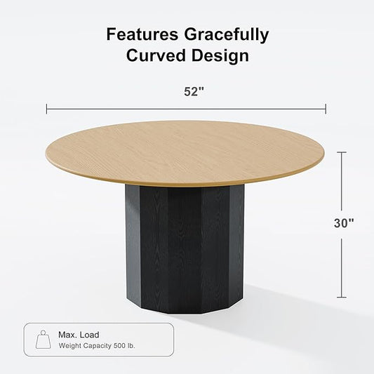 Casaphoria 52 inch Round Dining Table for 6, Natural Wood Top with Black Cylinder Pedestal Base, Two-Tone Modern Kitchen Table, Easy Assembly