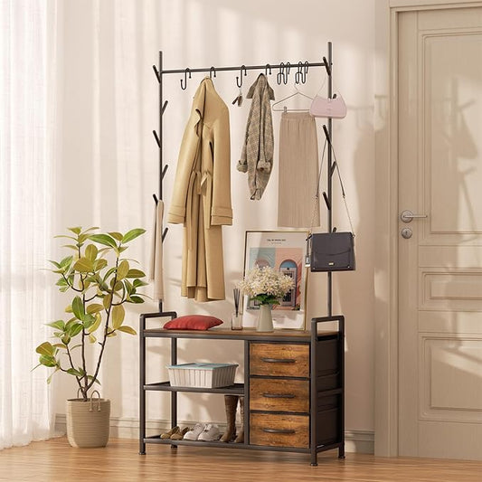 HOMEKOKO Coat Rack Tree Shoe Bench, Hall Tree for Entryway with Drawer Cubby Storage Bench, Wood Look Accent Furniture with Metal Frame, 3-in-1 Design (Rustic Brown)