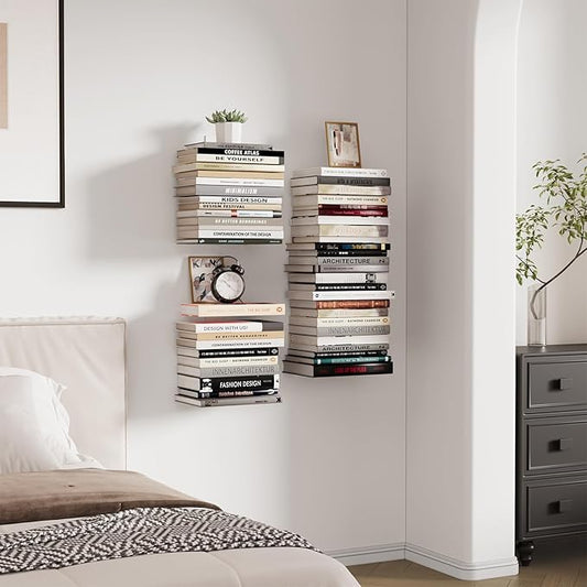 Invisible Bookshelf for Wall, 6 Tier Floating Bookshelf Made of Heavy Duty Metal, Vertical Spine Book Tower Hanging Wall Bookshelf, Floating Book Shelves for Wall, 3 Pack White