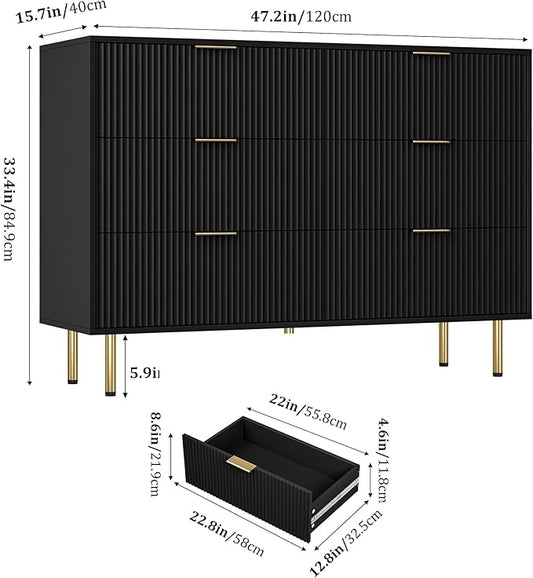 GAOMON 6 Drawer Dresser for Bedroom Chest of Drawers, 47" Wide Fluted Dresser with Drawers, Modern Wooden Double Dressers with Metal Handles for Living Room, Hallway