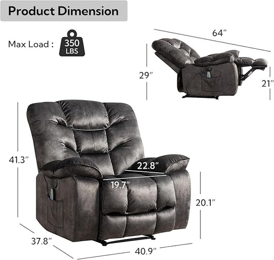 HAOMARKETS Power Recliner Chair with Massage and Heat, 41" Wide Electric Reclining Chairs with USB Port, Breathable Fabric Overstuffed Reclining Sofa for Living Room,Grey