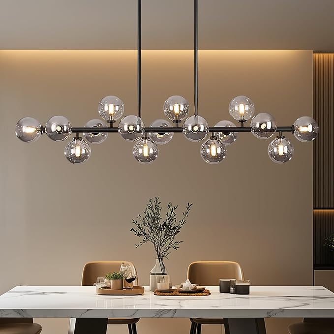 Modern Chandeliers for Dining Room Kitchen Island, 55" Long Large Linear Sputnik Globe Chandelier, 16-Light Mid Century Modern Light Fixture Over Table, Black and Smoke Grey Bubble, GC-08