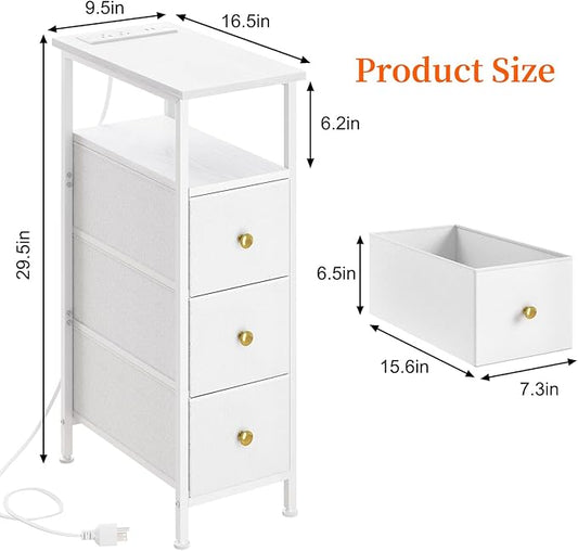 Fixwal Small Nightstand Narrow White Dresser with Charging Station, Skinny Nightstand with 3 Fabric Drawers, Dorm Silm Bedside Table for Small Spaces Bathroom, Bedroom, Laundry