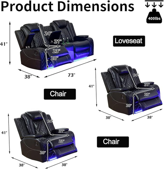 Power Leather Recliner Sofa Set with LED Light,Reclining Loveseat and 2*Chairs Set with Storage Console/USB Port/Cup Holder,Leather Couch for Living Room Furniture Sets(2+1+1 Seats,Black)