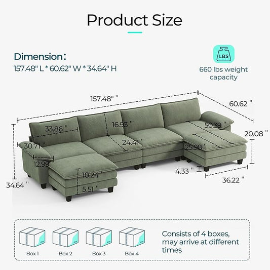 LINSY HOME 157'' Modular Sectional Sofa Green Couch Corduroy Cloud Couches for Living Room, U Shaped Couch with Movable Ottoman, Modern Cloud Sectional Sofas for Bedroom and Apartment, Green
