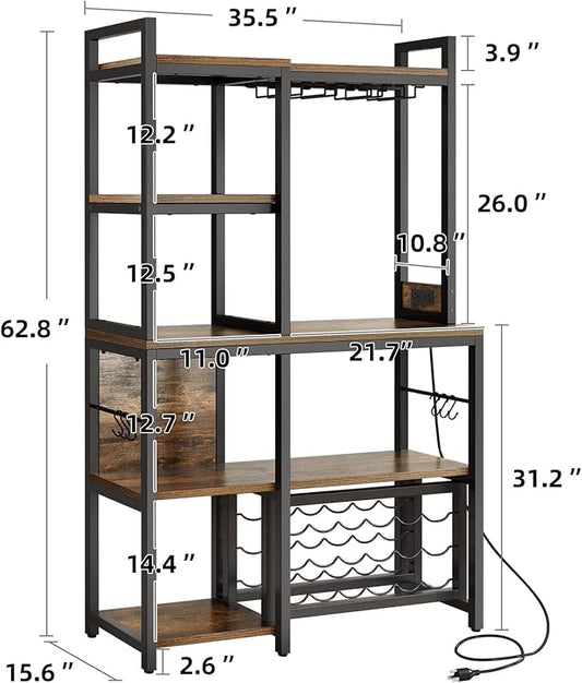 DWVO Large Bakers Rack with Power Outlets and Wine Rack, 35.5 inch 5-Tier Microwave Stand, Coffee Bar with Glasses Holder, Kitchen Storage Shelf with 6 Hooks, for Living Room, Office, Rustic Brown