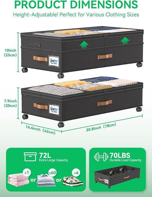 Under Bed Storage with Wheels, 2-Pack 72L XXXL Scalable Under Bed Storage Containers with Transparent Lids, Underbed Storage Organizer Rolling Bins for Shoes Clothes Sheet - Expandable Max