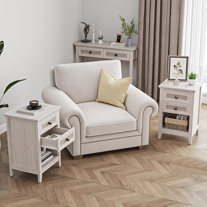 RoyalCraft Rattan Nightstand Set of 2, Boho Bedside Table with 2 Rattan Decor Drawers, Wood Accent End Table with Open Storage Shelf for Bedroom, Home Office, Grayish White