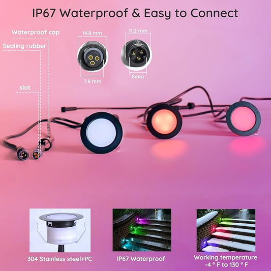 LED Deck Lights Kit, 50 Pack 1.77" RGBW+IC Multicolor Dynamic Low Voltage Recessed Landscape Lights, IP67 Waterproof 12V Step Light Outdoor for Garden Yard Path Ground Stairs, Work with Alexa/Google
