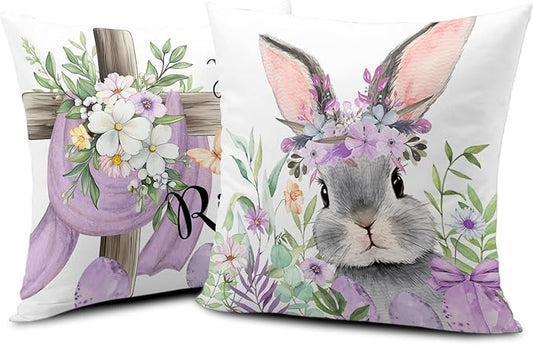 Easter Pillow Covers Floral Cross He is Risen Throw Pillow Covers 24x24 Set of 2 Purple Bunny Rabbit Eggs Pillow Cases Spring Decorative Pillowcases for Bedroom Sofa Holiday Decor