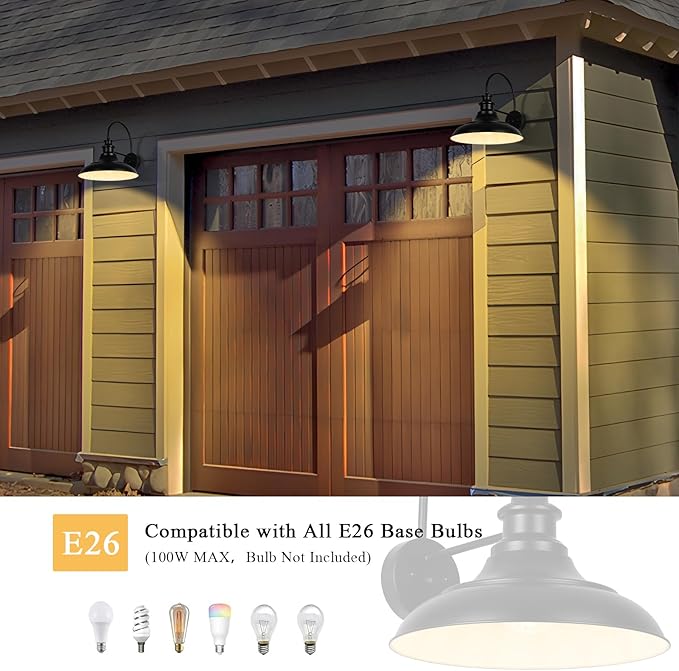 Dusk to Dawn Sensor Outdoor Barn Light Fixtures, 12.3 Inch Dome Farmhouse Outdoor Wall Sconces, Exterior Wall Mount Lights, Industrial Black White Wall Lanterns for Porch, DDRZ004-2 BK+WH