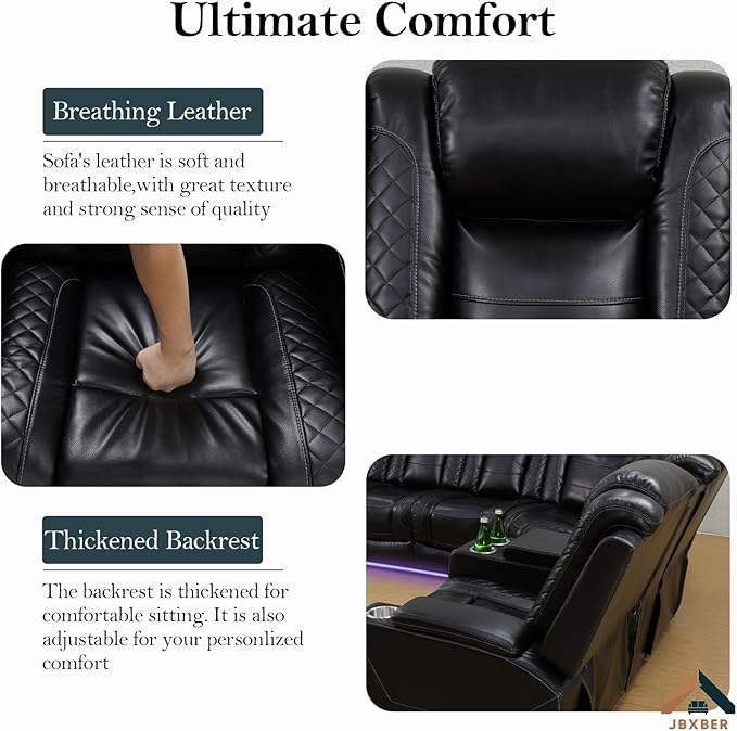 Power Recliner Sectional Sofa Set, Black Leather Sectional Couch for Living Room, L Shape Reclining Sofa with Cup Holder, Hidden Storage, Drop-Down Table for House(6 Seat)