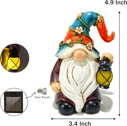 Garden Gnomes Statues with Solar LED Light - Mini 4.9 inch Gnome Sculptures for Porch Balcony Patio Yard Lawn Balcony Home Decor Mother's Day Birthday Gifts for Women
