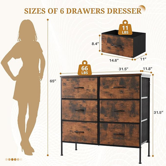 6-Drawer Fabric Dresser, Chest of Drawers Clothes Cabinet for Closet & Bedroom, Storage Organizer with Steel Frame for Entryway, Dorm, Living Room, Brown