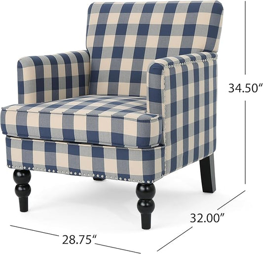 Christopher Knight Home Eve Modern Upholstered Club Chair, Wooden Living Room Accent Chair, Comfy Bedroom Reading Chair, Multifunctional Armchair, Blue Checkerboard