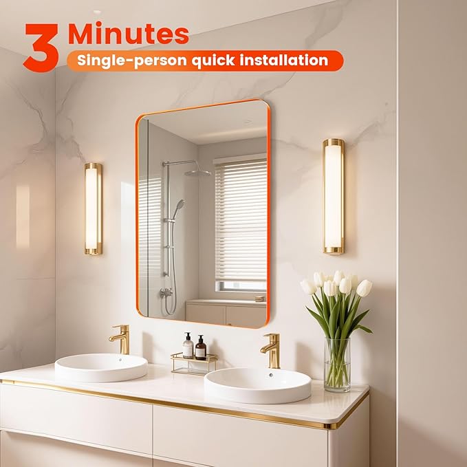 18x24inch Orange Bathroom Mirror Wall Mounted, Matte Aluminum Alloy Frame with Rounded Corners, Shatterproof Tempered Glass, Anti-Rust HD Vanity Mirror for Bathroom, Bedroom, Entryway