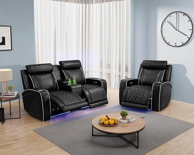 Breathing Leather Power Recliner Sofa Set, 2 Piece Leather Loveseat and Recliner Chair Set, Living Room Furniture Set with Storage Console/LED Lighting (Black New, Loveseat+Chair)