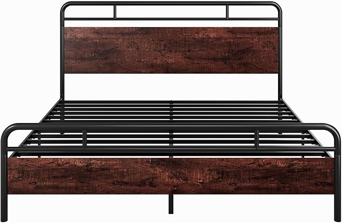 SHA CERLIN King Size Bed Frame with Wooden Headboard and Footboard, Rounded Corner Metal Structure, Heavy Duty Slats with Under-Bed Storage, No Box Spring Needed, Mahogany