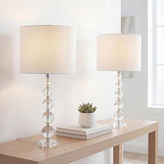 JONATHAN Y 28.5" Clear Crystal Faceted Orb Table Lamp Set of 2, Modern Glam Chrome Bedside Lamps for Living Room, White Linen Drum Shade, UL Listed, LED Bulbs Included JYL5002A-SET2