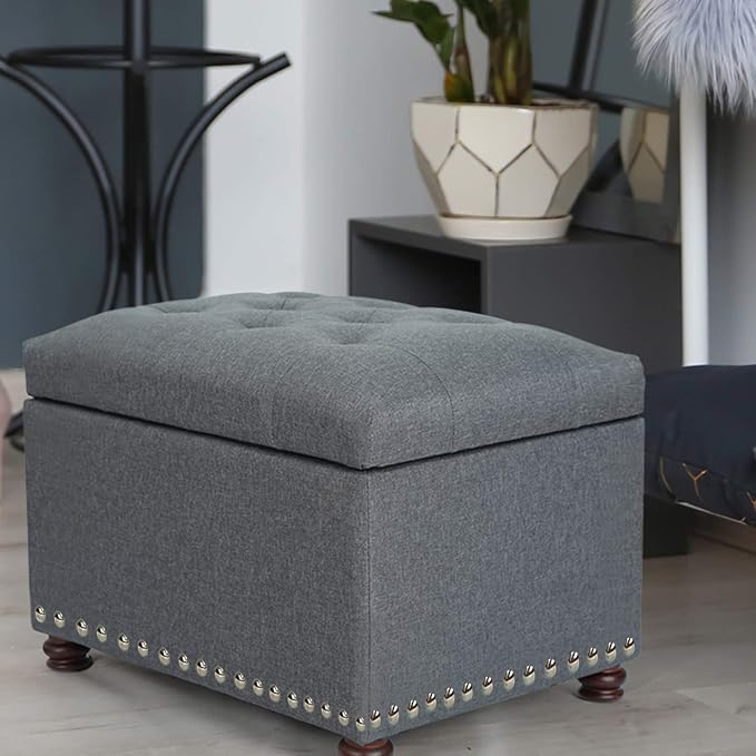 Adeco Classy Linen Blend Fabric Accents Rectangular Storage Bench Ottoman Footstool, Footrest Side Table for Living Room Bedroom, Gray