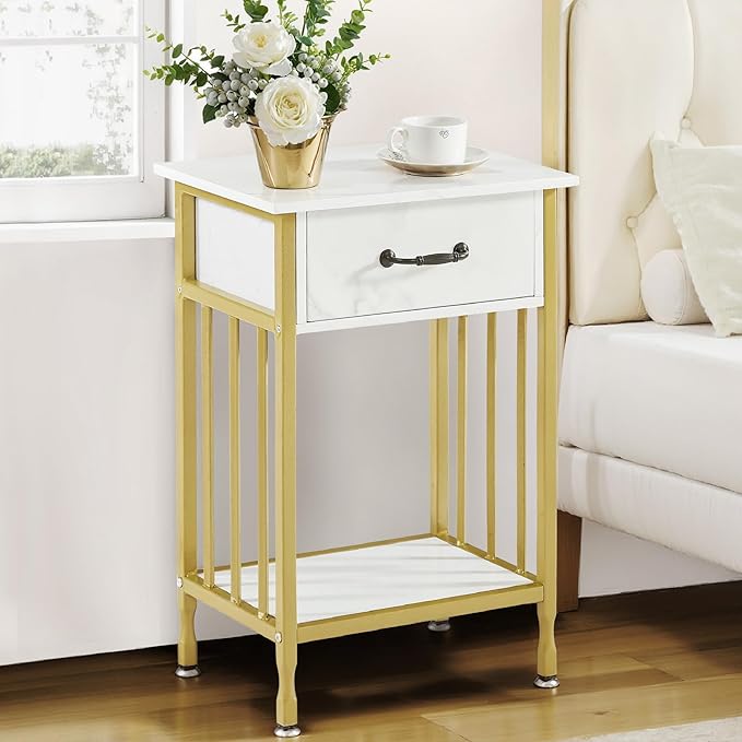 VECELO Night Stand Set 2 with Drawer and Storage Shelf,15.7x11.8x23.6 inches Bedside Table End Table,Wood Nightstands for Bedroom, Living Room,Sofa,Gold+White,2 Sets
