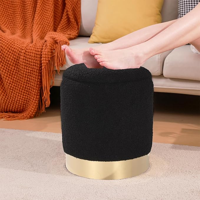 Sherpa Round Ottoman Set of 2 with Storage, 12 Gallon Hidden Storage Ottoman, Multi-Functional Footrest Stool, Vanity Seat, Coffee Table, No Assembly Required, Holds 300lbs (Teddy Black)