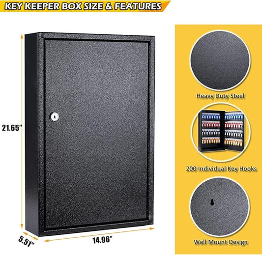 Furnishh Key Box Wall Mount 200 Position Metal Locking Key Cabinet Organizer with Key Tags Key Safe Security Storage Lockbox Holder for Valets, Hotels, Car and House Keys, Key Keeper Box - Black