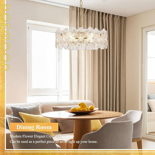 14" Clear Flower Glass Chandelier Elegant 4 Lights Modern Gold Pendant Lighting Fixture for Kitchen Island Dining Room Bedroom Entryway Hallway, G9
