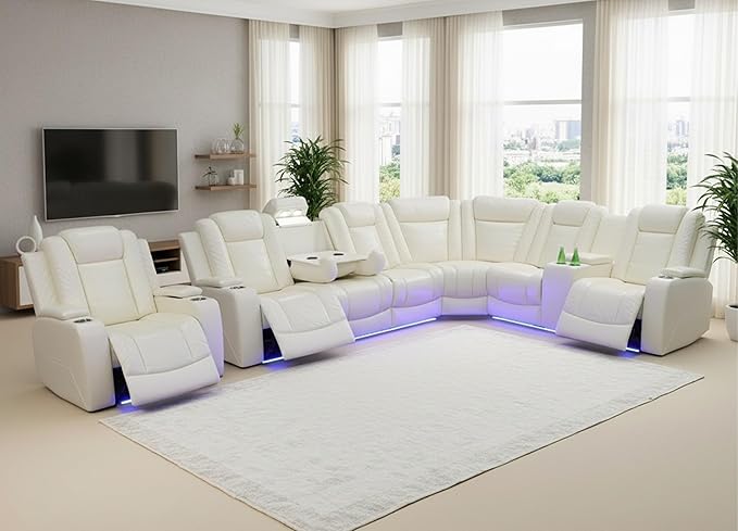 Power Recliner Sofa Set with LED, Breathing Leather Sectional Couch for Living Room, Living Room Furniture Set L Shaped Reclining Couch and Chair with Cup Holders&Storage (Cream White Upgraded)