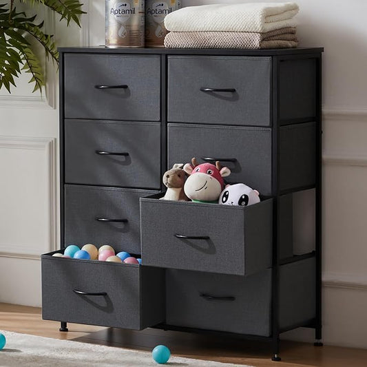 DUMOS 8 Drawer Dresser for Bedroom, Fabric Storage Organizer with Sturdy Metal Frame, Wooden Top Chest of Drawers for Closet Entryway Guest Room, Grey
