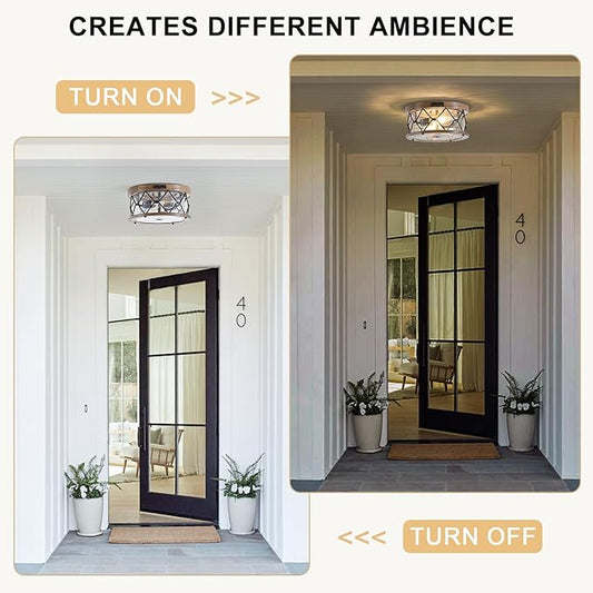Motion Sensor Outdoor Flush Mount Ceiling Light, Industrial Glass Rustic Wood-Like Finish 2-Light Ceiling Lamp for Porch, Entryway, Garage, Timer and Sensitivity Adjustable (Wood-Like-Round)