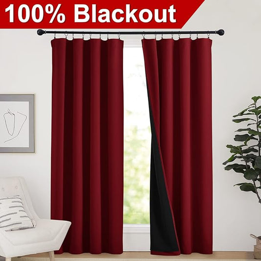 NICETOWN 100% Blackout Curtains with Black Liner Backing, Thermal Insulated Panels for Living Room, Noise Reducing Drapes, Burgundy Red, 52 inches Wide x 84 inches Long Per Panel, Set of 2