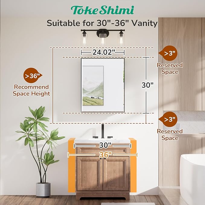 TokeShimi 24x30 Recessed Medicine Cabinet with Mirror Wall Mounted, Metal Beveled Mirror with Storage for Bathroom Vanity, Aluminum Alloy Medicine Cabinet Mirrored Black