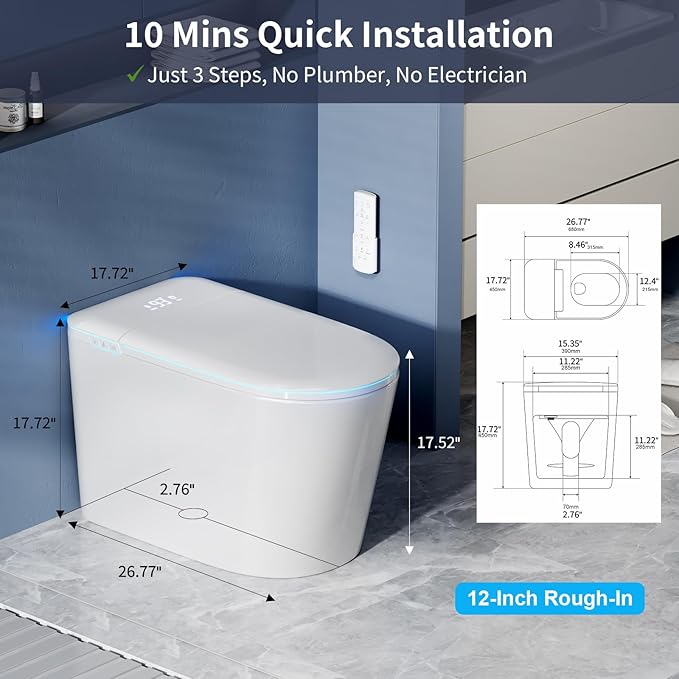 Smart Toilet with Bidet Built in, Bidet Toilet with Heated Seat and Night Light, Modern Tankless Toilet with UV for Bathroom, One Piece Toilets with Soft Close, Dryer, Foot Sensor, Auto Lid&Seat