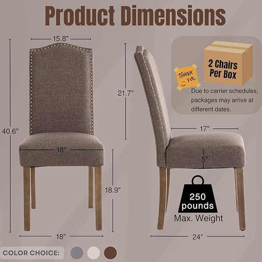 Upholstered Dining Chair Stylish Parsons Kitchen High Back with Silver Nailhead Trim & Wood Legs, 6-Pack, Fabric Brown