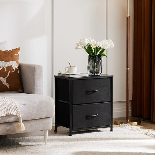 NEWBULIG Nightstand with 2 Fabric Drawers, 25 Inch Tall Small Dresser, Bedside Table with Storage for Bedroom, Closet, Entryway, Dorm, 2 Pack with Sturdy Frame and Compact Design, Black02