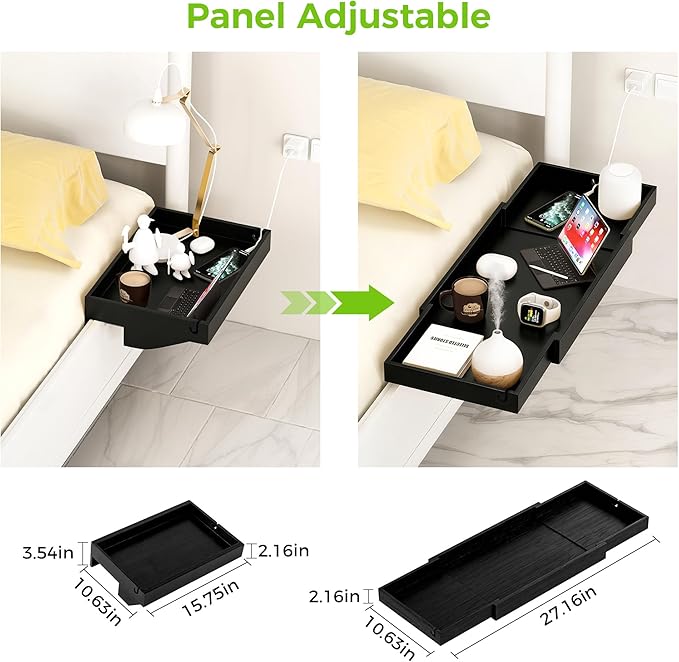 MinBoo Expandable Nightstand Shelf Bamboo College Caddy for Top Bunk Clip Bedside Shelf Floating Bed Side Table Tray Storage Dorm Room Decor College,Black