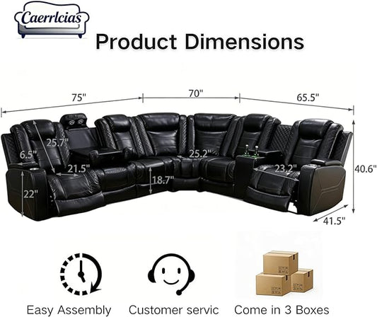Power Recliner Sectional Sofa with LED Lights & Reading Lamps, Breathing Leather Corner Couch with USB Charging, Storage Console & Cup Holders in Every Armrest, Home Theater Seating for Living Room