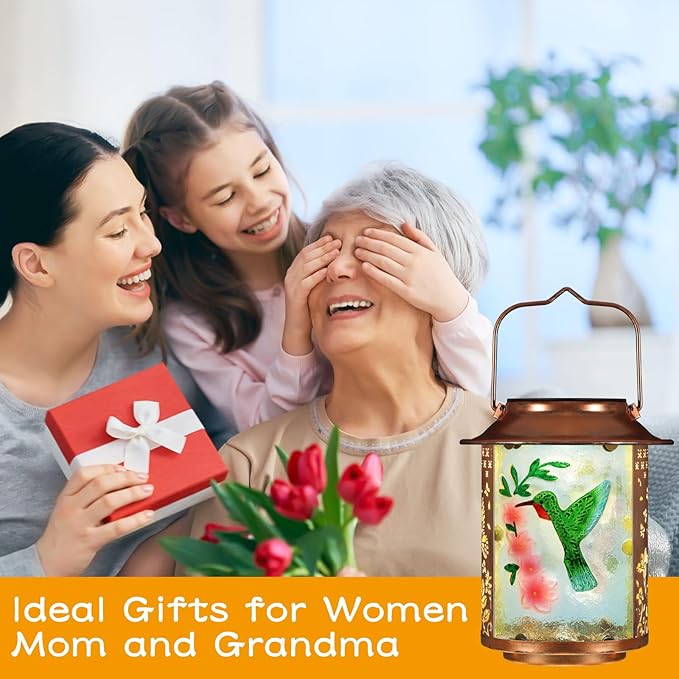 Solar Lanterns Outdoor Waterproof,Birthday Gifts for Women Mom Grandma Garden Decor,Hanging Solar Lights Wall Mount Decorations for Yard,Front Porch,Patio,Lawn Pathway Landscape(Hummingbird)