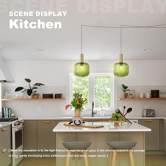 Plug in Pendant Light 2 Pack Green Glass Hanging Lamp Plug in Hanging Light Fixture with Cord 14.7 ft, Mid Century Modern Gold Pendant Lighting for Kitchen Island Dining Room Bedroom Set of 2
