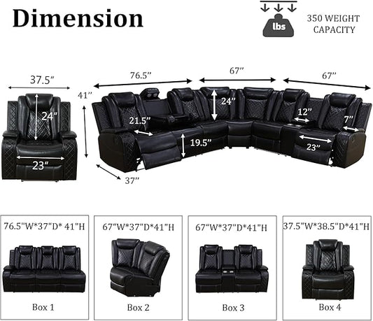 Power Recliner Sofa Set with LED, Breathing Leather Sectional Couch for Living Room, Living Room Furniture Set L Shaped Reclining Couch and Chair with Cup Holders&Storage (Black)