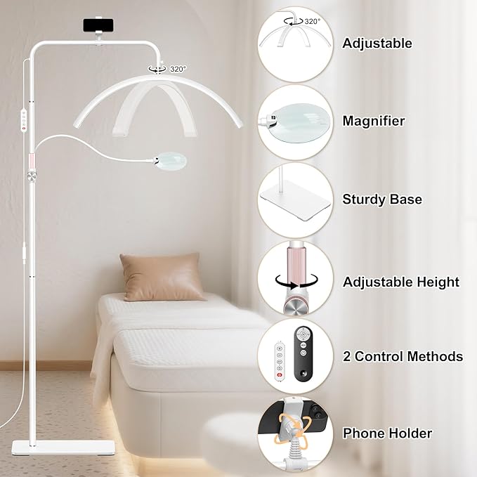 AURELLE Half Moon Lash Light - Adjustable LED Floor Lash Lamp with 4X Magnifier & Phone Holder for Eyelash Extensions,Nail Art,Tattoo,Skincare,Salon SPA-Dimmable Brightness,Rotating Head, White
