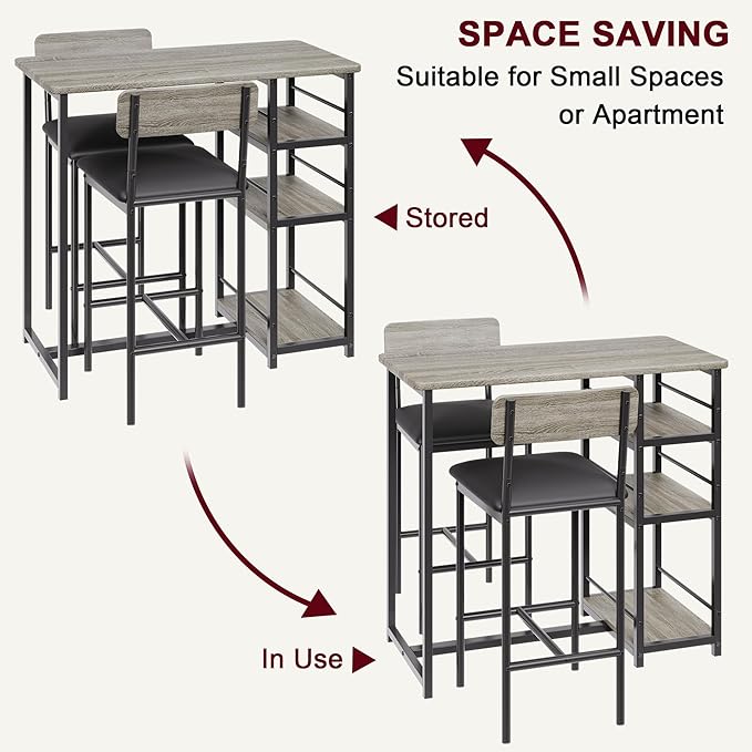 IDEALHOUSE Dining Table and Chairs, Bar Table Set with 2 Upholstered Bar Stools, 3 Piece Dining Room Set for Small Space, Apartment, Retro Grey