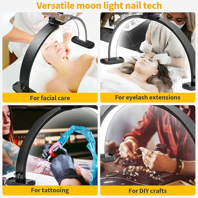 CGBE Half-Moon Nail Light for Desk : Professional Manicurist Table Lamp for Nail Salon Lighting and Eyelash Extensions with Phone Holder - Extra Large 30.7" Craft Desk Light - Black