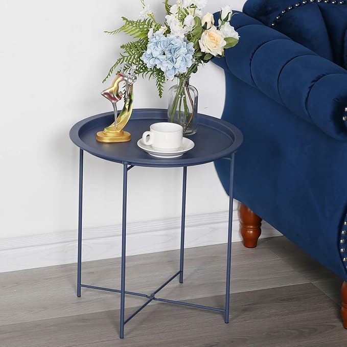 VECELO Modern End Side Tables,Round Metal Foldable Tray,Stable Snack Nightstand for Outdoors,Small Space,Living Room and Balcony, Blue, 18.5 in x 18.5 in x 19.7 in
