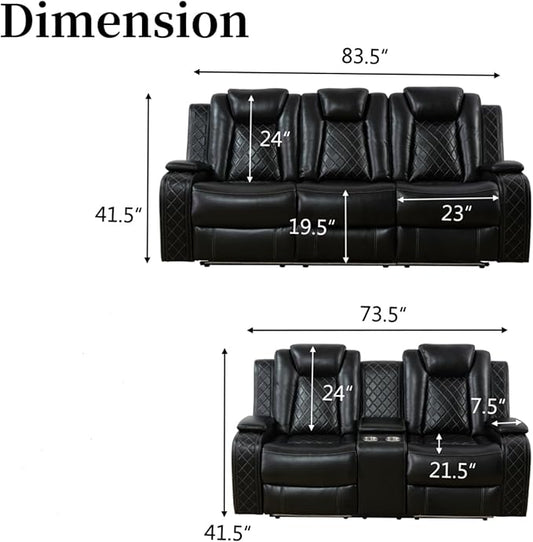 Breathing Leather Power Recliner Sofa Set, 2 Piece Leather Couch and Loveseat Set, Living Room Furniture Set with Storage Console/LED Lighting (Black, Sofa+Loveseat)