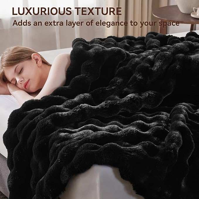 Faux Fur Throw Blanket, 1000GSM Fluffy Soft Bubble Blanket for Couch Bed, Cozy Plush Warm and Thick Blanket, Fuzzy Rabbit Throw for Living Room Bedroom 60''*80'' Black