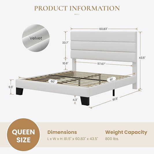 SHA CERLIN Queen Platform Bed Frame with Velvet Upholstered Headboard, Mattress Foundation with Strong Wooden Slats Support, No Box Spring Needed, White